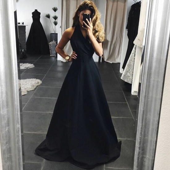 A-Line Halter Backless Floor-Length Black Satin Prom Dress with Sash - Click Image to Close