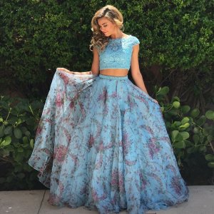 Two Piece Bateau Cap Sleeves Sweep Train Blue Floral Prom Dress with Appliques