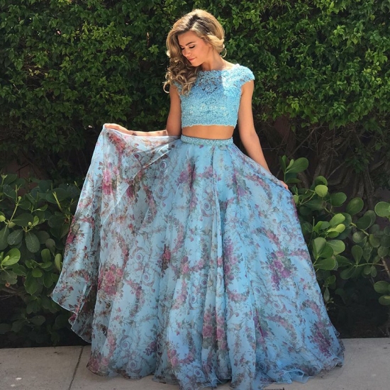 Two Piece Bateau Cap Sleeves Sweep Train Blue Floral Prom Dress with Appliques - Click Image to Close
