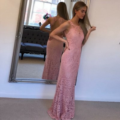 Sheath Round Neck Open Back Floor-Length Pink Lace Prom Dress
