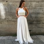 Two Piece Jewel Open Back Floor-Length White Prom Dress with Beading