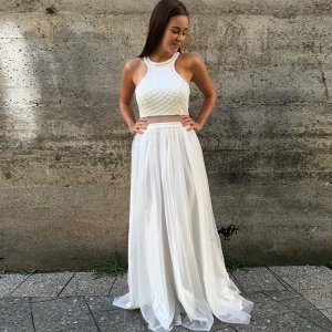 Two Piece Jewel Open Back Floor-Length White Prom Dress with Beading