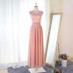A-Line Round Neck Floor-Length Pink Chiffon Bridesmaid Dress with Lace
