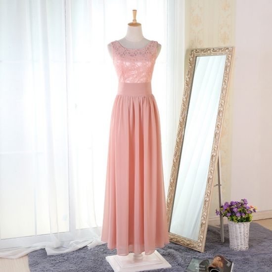 A-Line Round Neck Floor-Length Pink Chiffon Bridesmaid Dress with Lace - Click Image to Close
