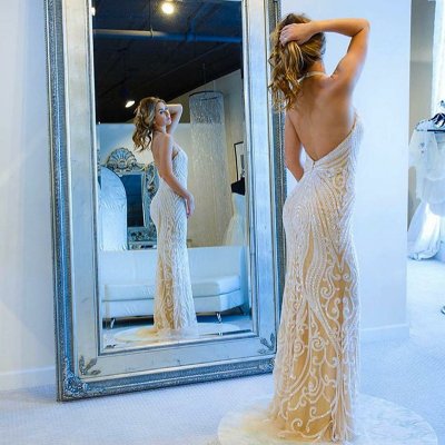 Mermaid Halter Backless Light Champagne Prom Dress with Appliques Sequins