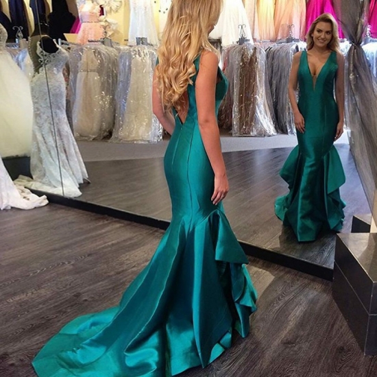 Mermaid Deep V-Neck Backless Sweep Train Turquoise Prom Dress with Ruffles - Click Image to Close