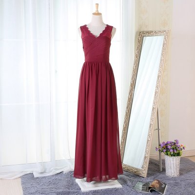 A-Line V-Neck Floor-Length Burgundy Chiffon Bridesmaid Dress with Lace