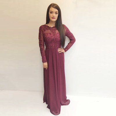 A-Line Round Neck Long Sleeves Burgundy Chiffon Prom Dress with Appliques