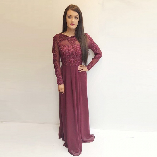 A-Line Round Neck Long Sleeves Burgundy Chiffon Prom Dress with Appliques - Click Image to Close