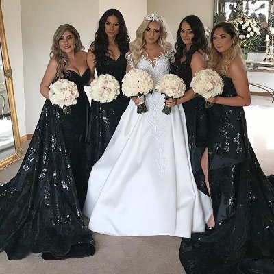 A-Line Sweetheart Court Train Black Bridesmaid Dress with Sequins