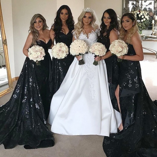 A-Line Sweetheart Court Train Black Bridesmaid Dress with Sequins - Click Image to Close