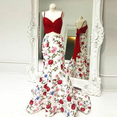 Two Piece Spaghetti Straps Sweep Train Prom Dress with Bowknot