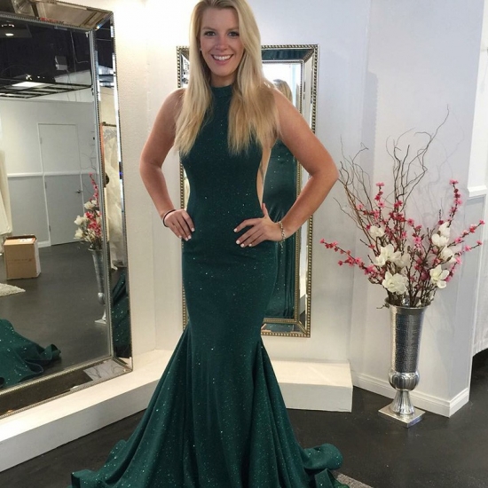 Mermaid High Neck Sweep Train Dark Green Prom Dress with Sequins - Click Image to Close