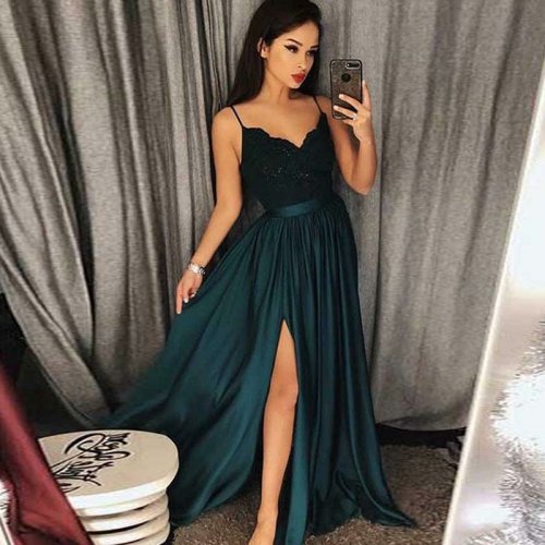 A-Line Spaghetti Straps Dark Green Long Prom Dress with Lace