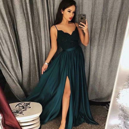A-Line Spaghetti Straps Dark Green Long Prom Dress with Lace - Click Image to Close