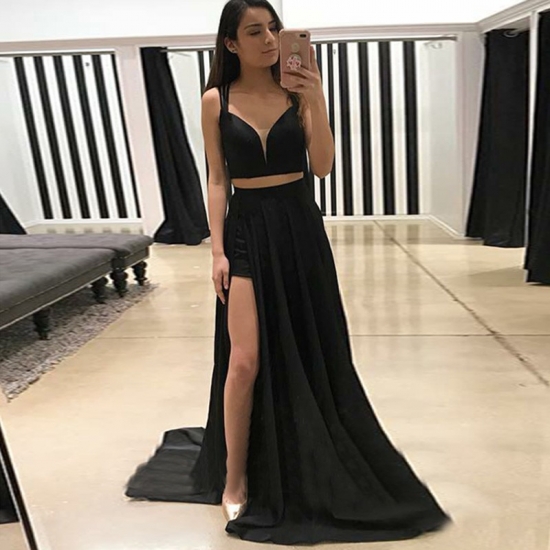 Two Piece Straps Sweep Train Black Prom Dress with Split - Click Image to Close