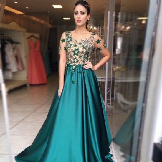 A-Line Round Neck Short Sleeves Hunter Prom Dress with Embroidery - Click Image to Close