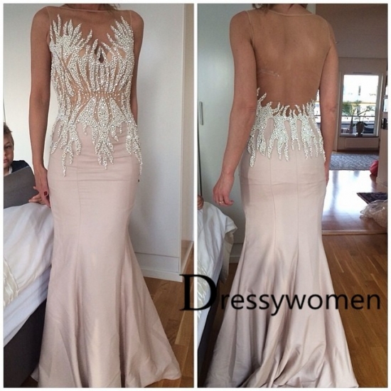 New Arrival Sexy Beading Backless Sheath Satin Evening Gown / Prom Dress - Click Image to Close