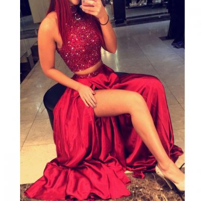 Sexy High Neck Split Side Long Two Piece Prom Dresses with Beaded