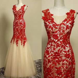 Elegant Sheath Floor Length Tulle Scoop Lace-Up Red Evening/Prom Dress With Appliques