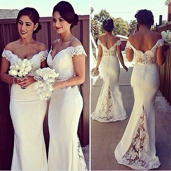 Elegant Mermaid Off-the-Shoulder Floor Length Lace White Bridesmaid Dress - Click Image to Close