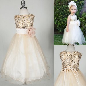 New Scoop A-Line Sequins Princess Waist Organza Flower Girl Dress with Flowers