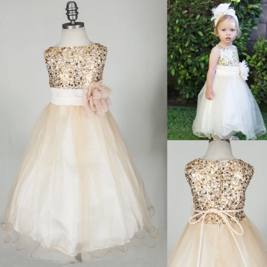 New Scoop A-Line Sequins Princess Waist Organza Flower Girl Dress with Flowers - Click Image to Close
