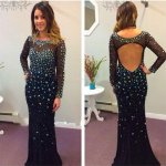 Sexy Scoop Long Sleeves Backless Dark Royal Blue Prom Dress with Beaded