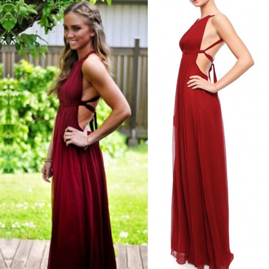 Boho Floor Length Chiffon Criss Cross - Burgundy A-Line Halter - Click Image to Close