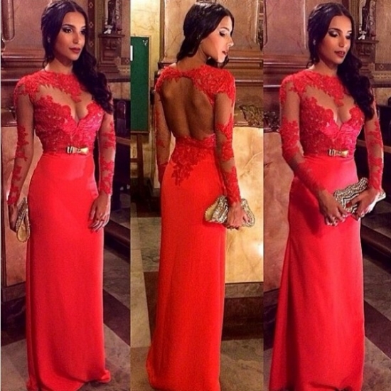 Floor Length Chiffon Backless Prom/Evening Dress - Red Sheath with Long Sleeves - Click Image to Close