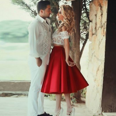 Two Piece Off-the-Shoulder Tea-Length Red Satin Prom Dress with Lace