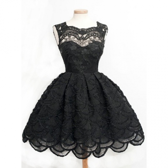 Classy Black Vintage Prom/Homecoming Dress - Scoop Ball Gown with Lace for Women - Click Image to Close
