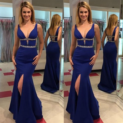 Elegant Long Mermaid Prom Dress - Royal Blue Deep V-Neck for Women