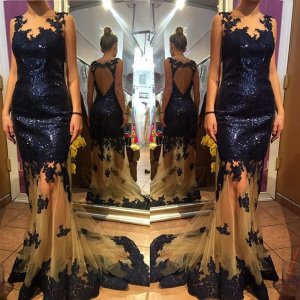 Elegant Prom Dress-Dark Navy V-Neck Backless with Sequins