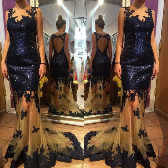 Elegant Prom Dress-Dark Navy V-Neck Backless with Sequins - Click Image to Close