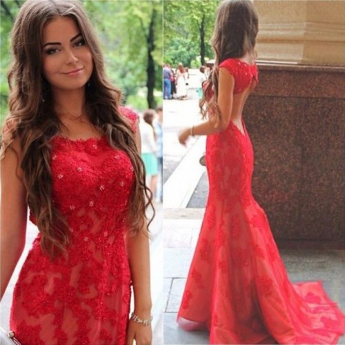 Magnetic Prom Dress -Red Mermaid Scoop Sleeveless with Appliques