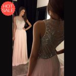 A-Line Crew Neck Floor-Length Pink Prom Dress with Beading