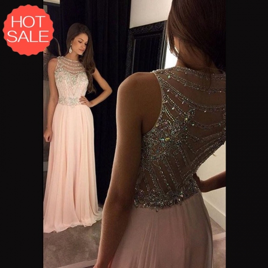 A-Line Crew Neck Floor-Length Pink Prom Dress with Beading - Click Image to Close