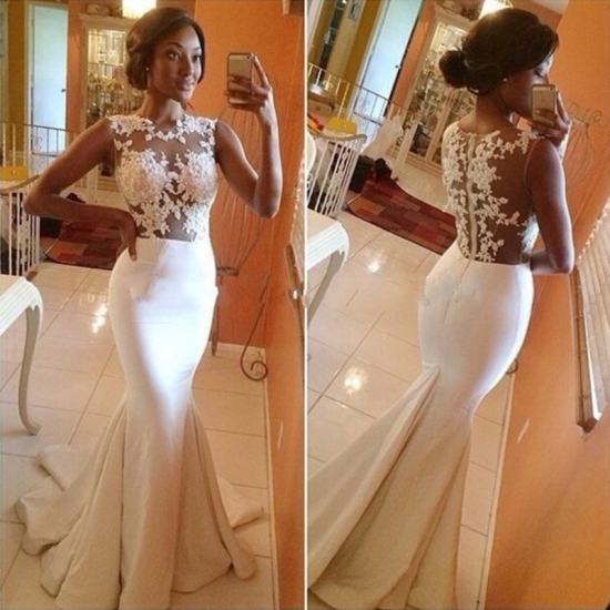 Hot-Sell Long Wedding Gown - White Mermaid Scoop with Appliques - Click Image to Close
