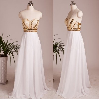 Hot-sell Floor Length Prom Dress - White A-Line Gold Beaded for Women