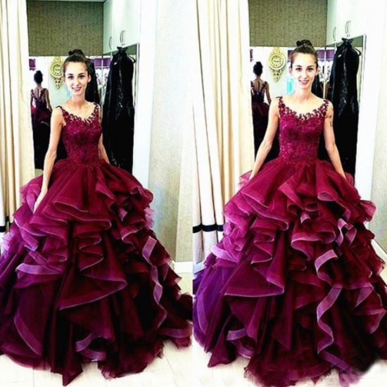 Hot Sell Long Prom Birthday Party Dress - Maroon Ball Gown Top with Lace - Click Image to Close