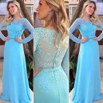 Elegant Long Prom Party Dress - Light Blue Sheath Scoop with Long Sleeves
