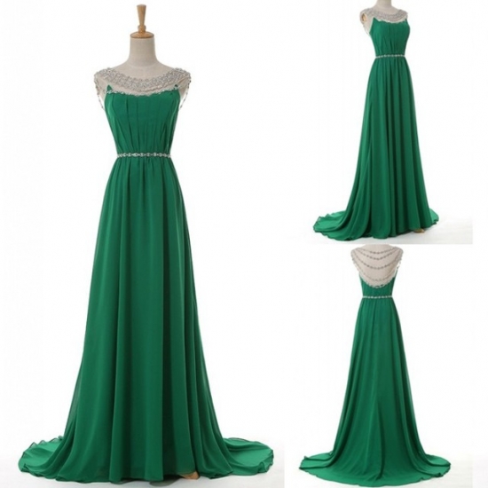 Modern Scoop Beading A-line Green Long Bridesmaid Dress For Wedding Party - Click Image to Close