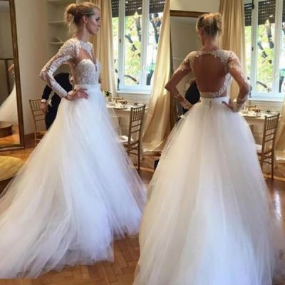 Dramatic White Open Back Long Bridal's Wedding Dress