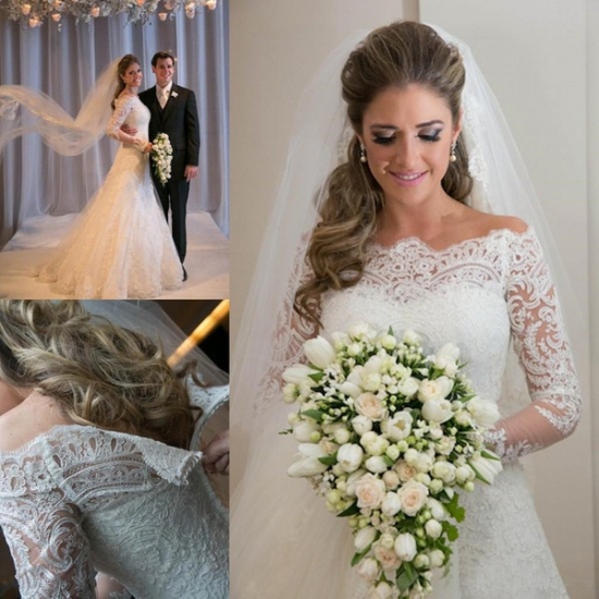 Elegant Lace Long Sleeves Wedding Dress Bridal Gown - Click Image to Close