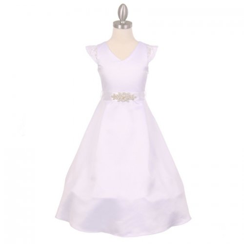 Elegant V-Neck Cap Sleeves Flower Girl Dresses Waist with Rhinestone