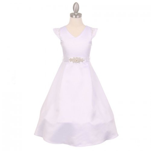 Elegant V-Neck Cap Sleeves Flower Girl Dresses Waist with Rhinestone