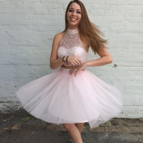 Fabulous Two Piece High Neck Pearl Pink Homecoming Dresses Beaded