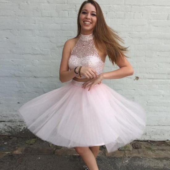 Fabulous Two Piece High Neck Pearl Pink Homecoming Dresses Beaded - Click Image to Close