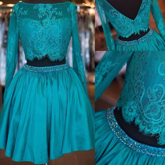 Elegant Two Piece Bateau Long Sleeves Turquoise Homecoming Dresses with Beaded Lace - Click Image to Close
